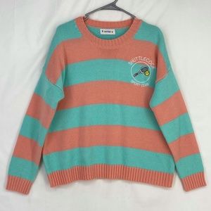 Free Valley Womens Large Pullover Sweater Retro Peach Green Stripes Embroidered